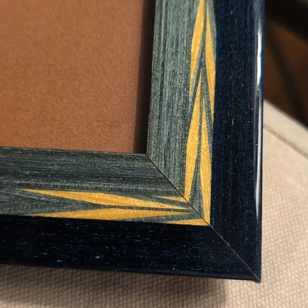 Bella Elegant Blue & Green Wood Inlay  Picture Frame Brown Velvet Easel Back